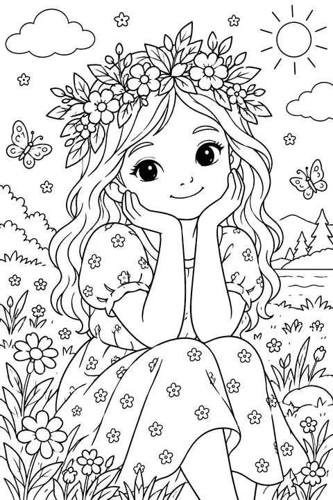 a child wearing a crown of leaves and flowers coloring page