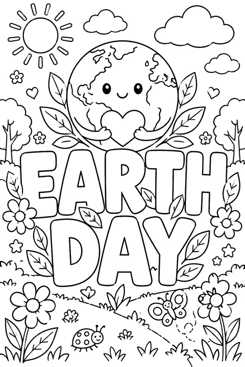 big outline letters spelling EARTH DAY with leaves and flowers coloring page