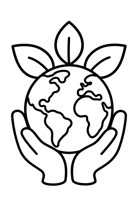 two hands holding the Earth with leaves coloring page