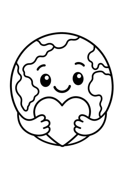 the planet Earth with a smiling face hugging a heart coloring page