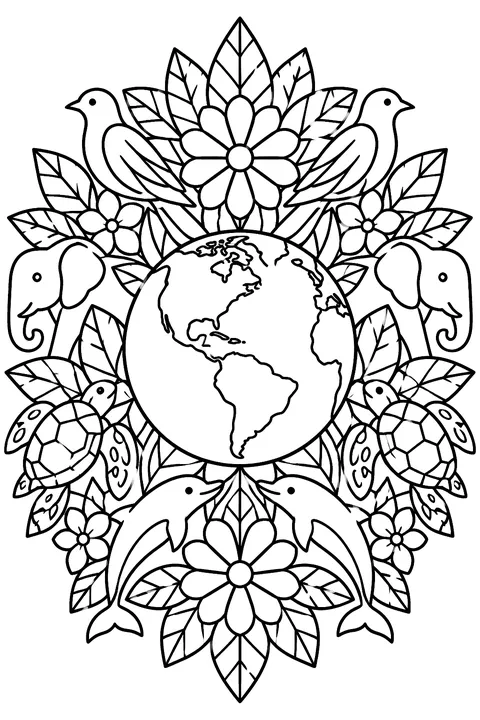 the Earth in the center of a mandala of leaves, flowers and animals coloring page