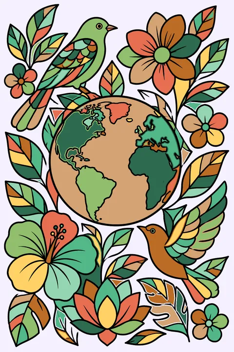 a full page of leaves, flowers, birds and the Earth coloring page