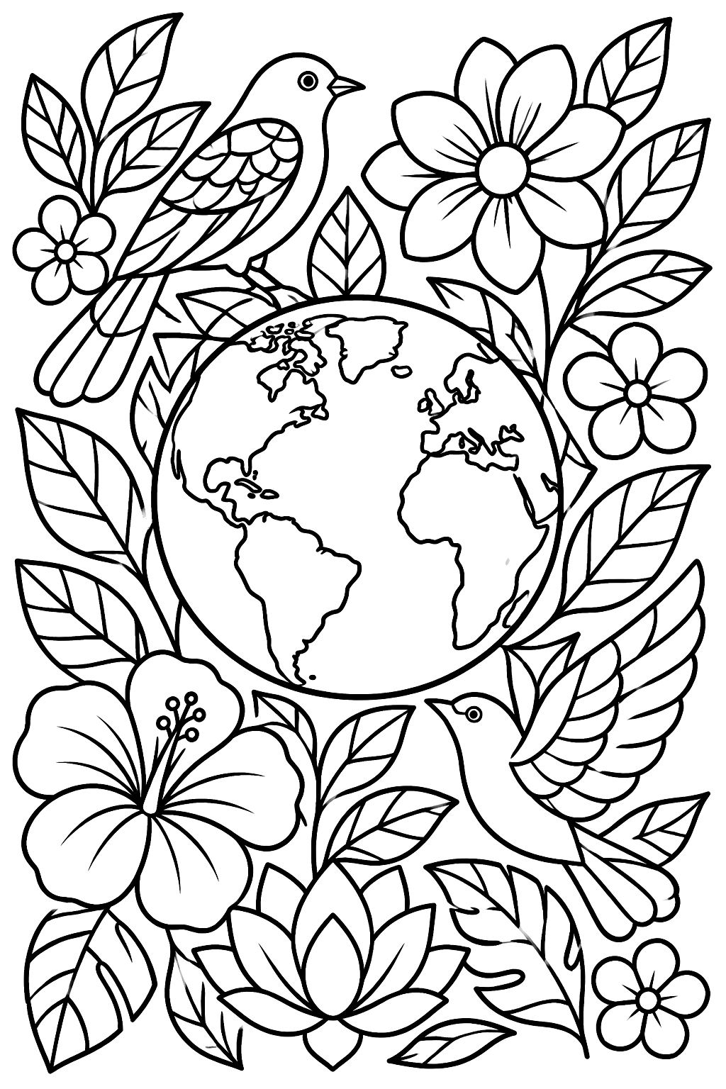 a full page of leaves, flowers, birds and the Earth coloring page
