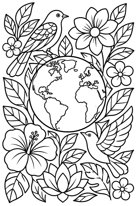 a full page of leaves, flowers, birds and the Earth coloring page