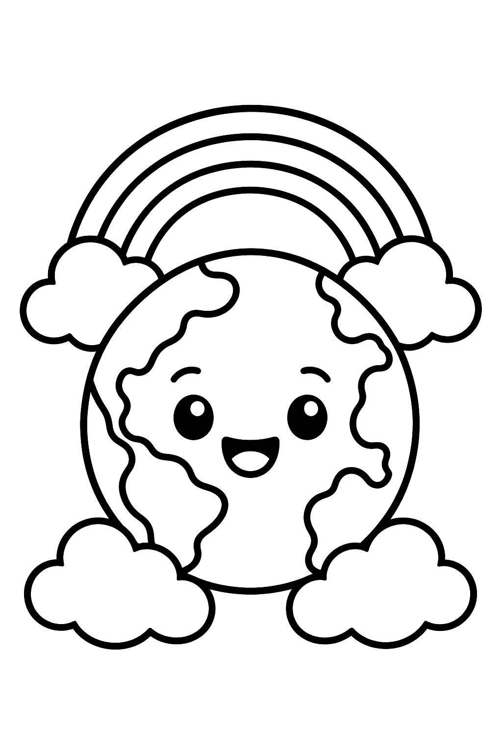 a cute smiling Earth with clouds and a rainbow coloring page