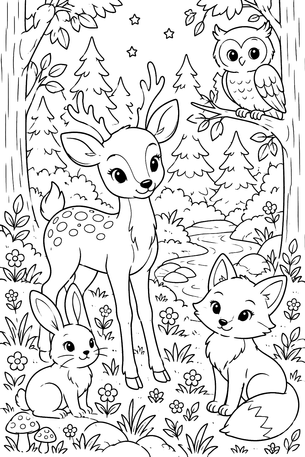 a forest with a deer, rabbit, owl and fox among trees coloring page