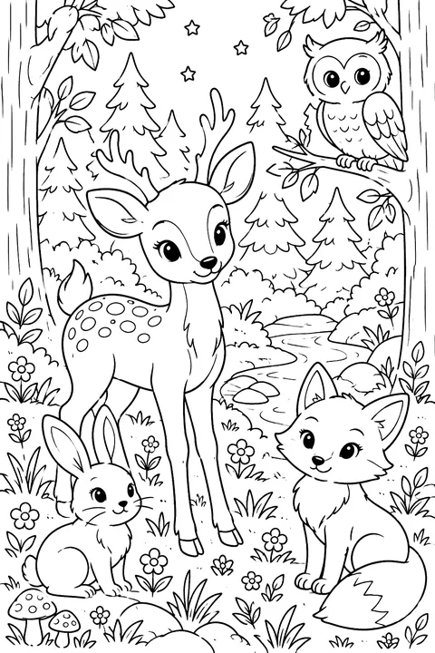 a forest with a deer, rabbit, owl and fox among trees coloring page