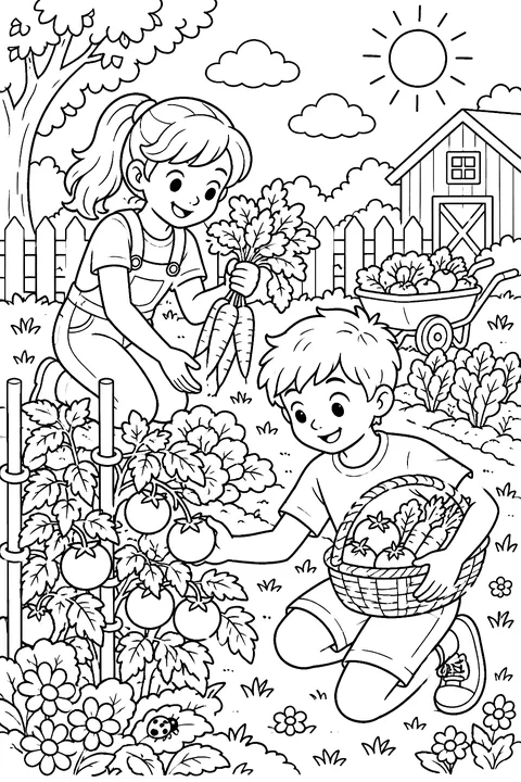 kids picking vegetables in a garden coloring page