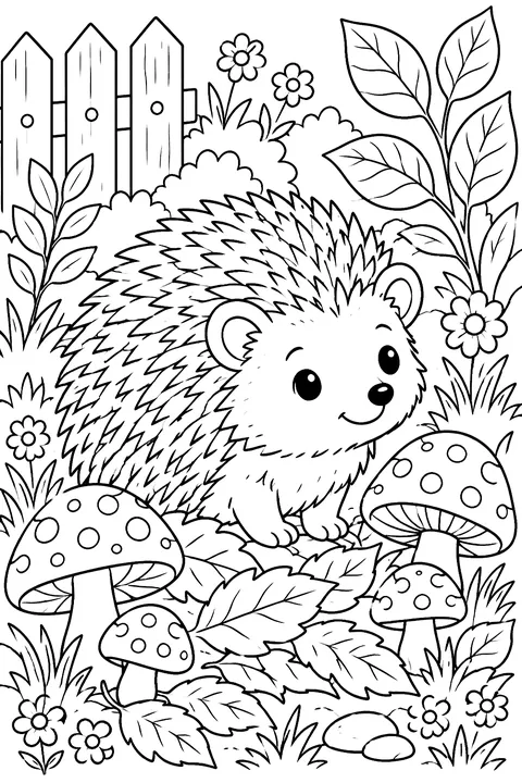 a hedgehog among leaves and mushrooms in a garden coloring page