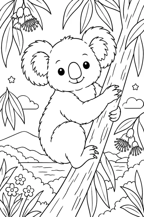 a koala in a eucalyptus tree coloring page
