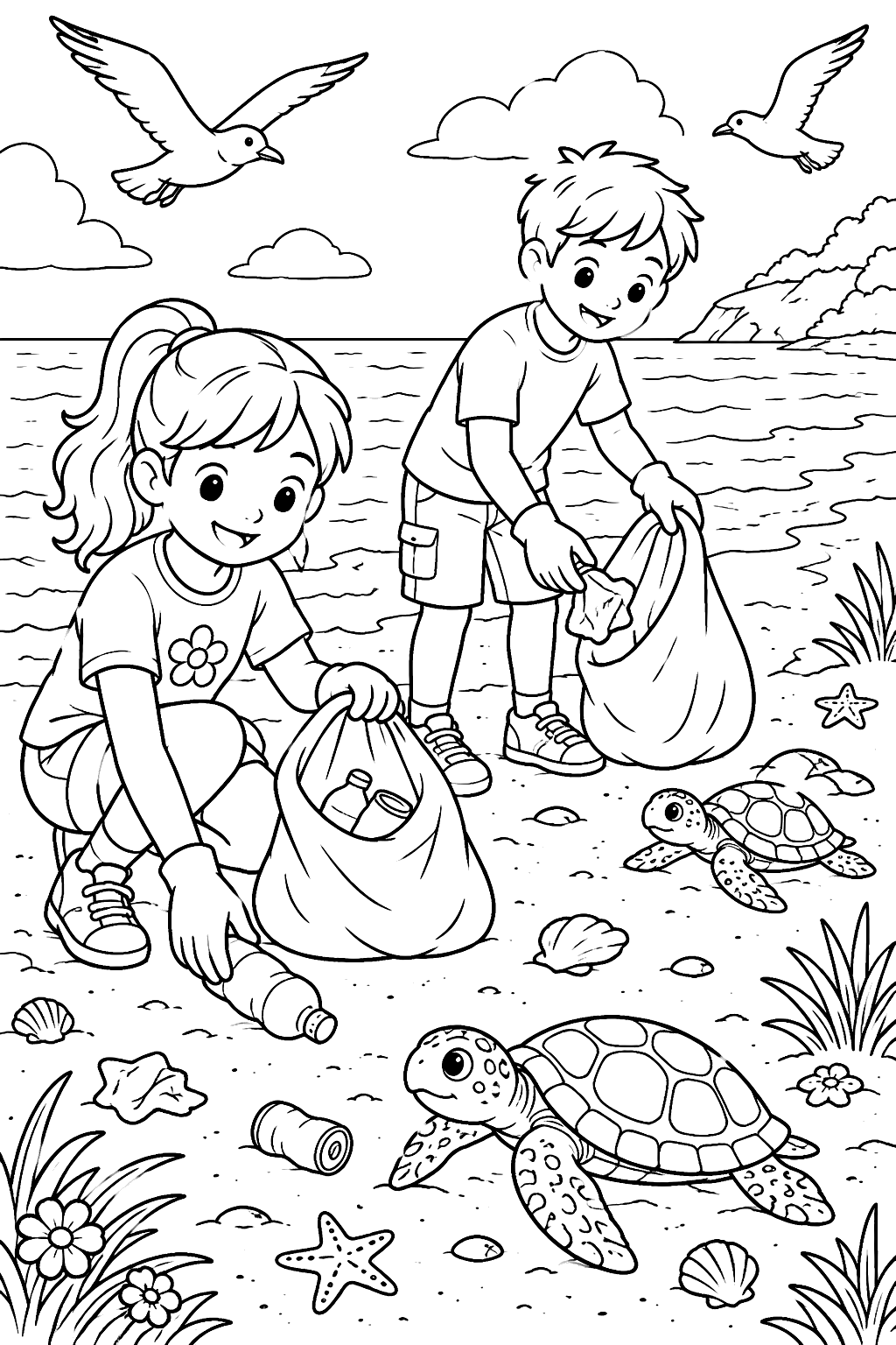 kids picking up trash on a beach with turtles and seagulls coloring page
