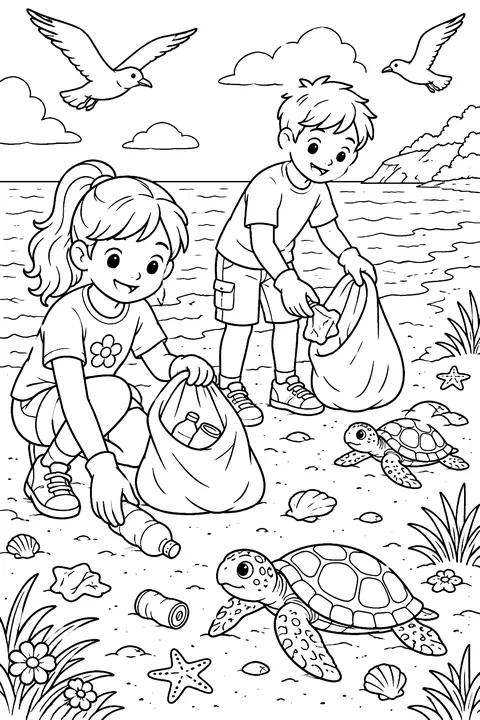 kids picking up trash on a beach with turtles and seagulls coloring page