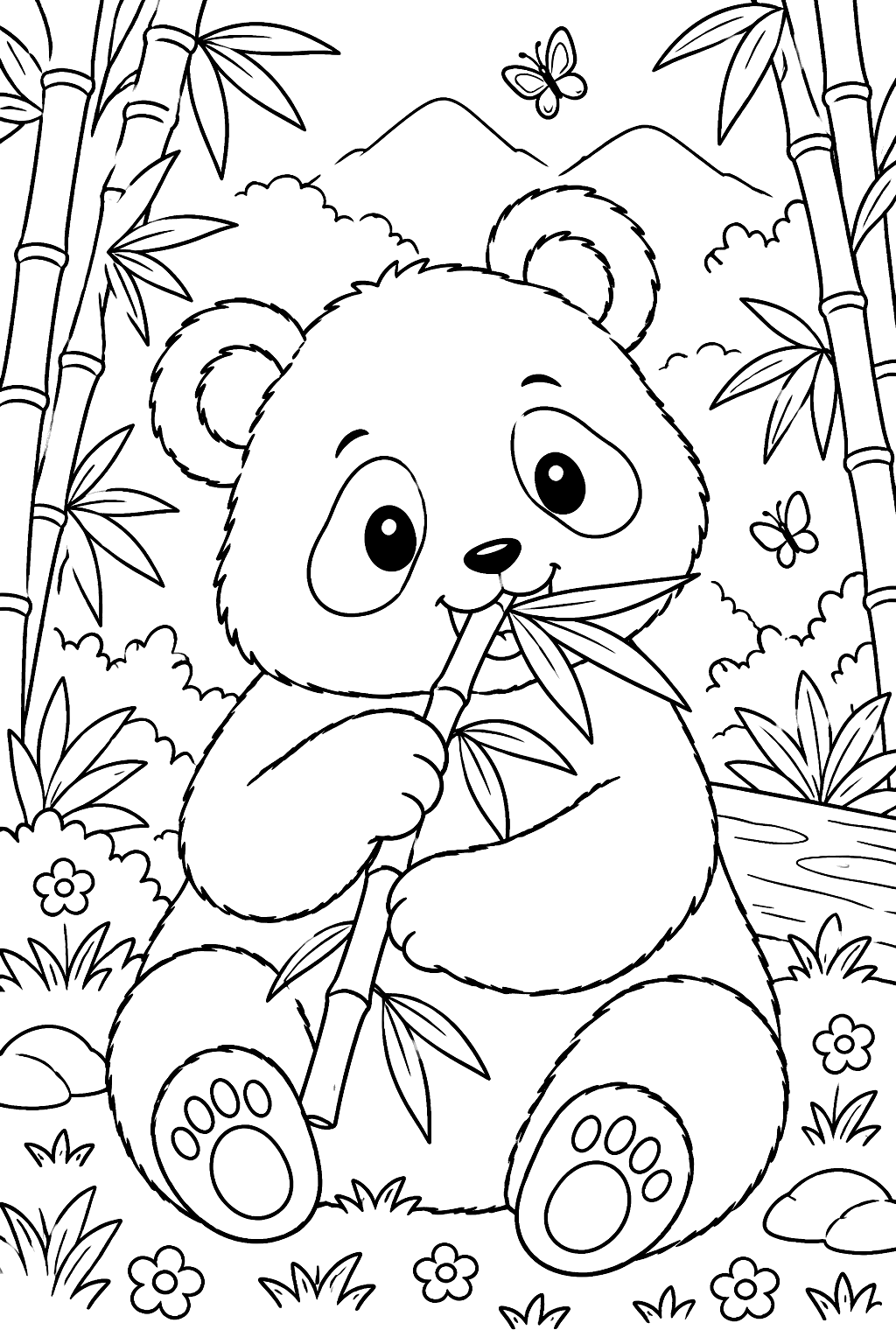 a panda eating bamboo in a forest coloring page