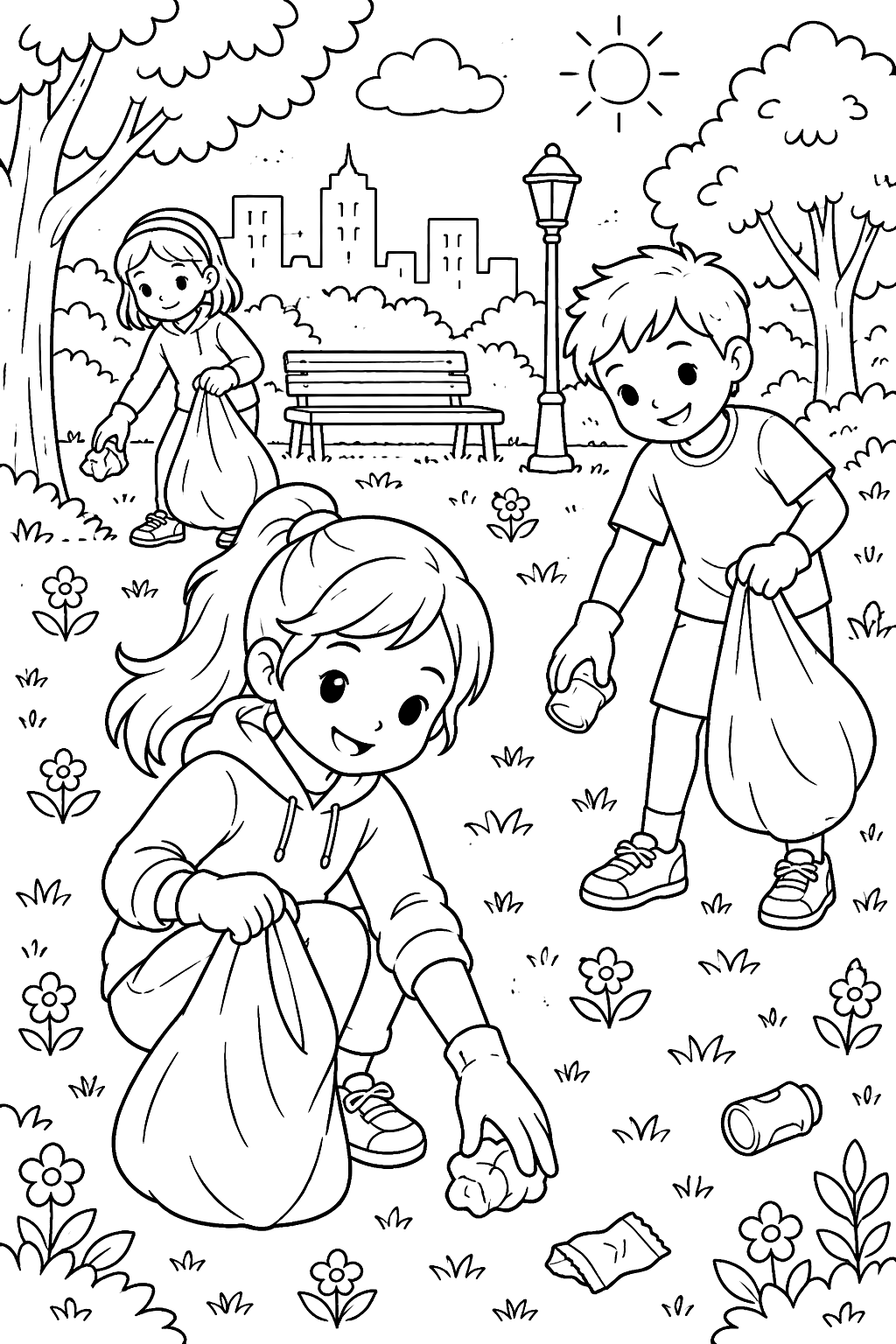 kids with gloves and bags cleaning a park coloring page