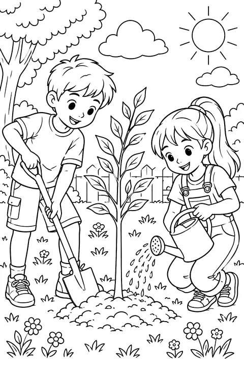kids planting a young tree with a shovel and watering can coloring page