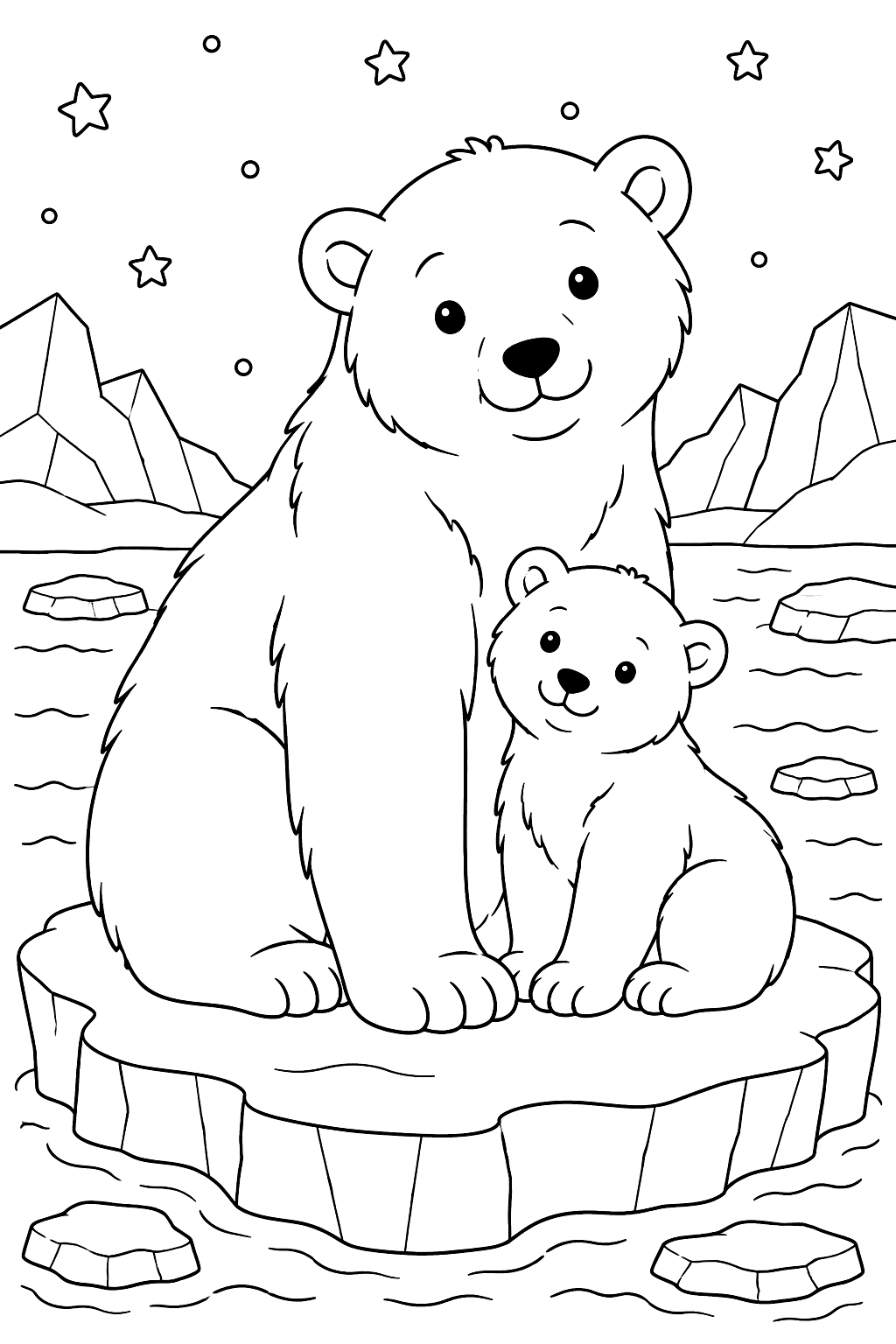 a polar bear and cub on an ice floe coloring page