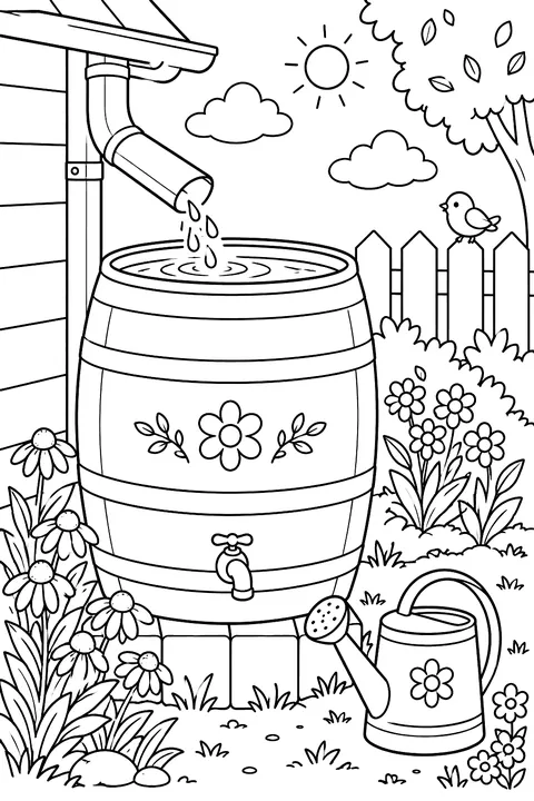 a rain barrel collecting water in a garden with a watering can coloring page