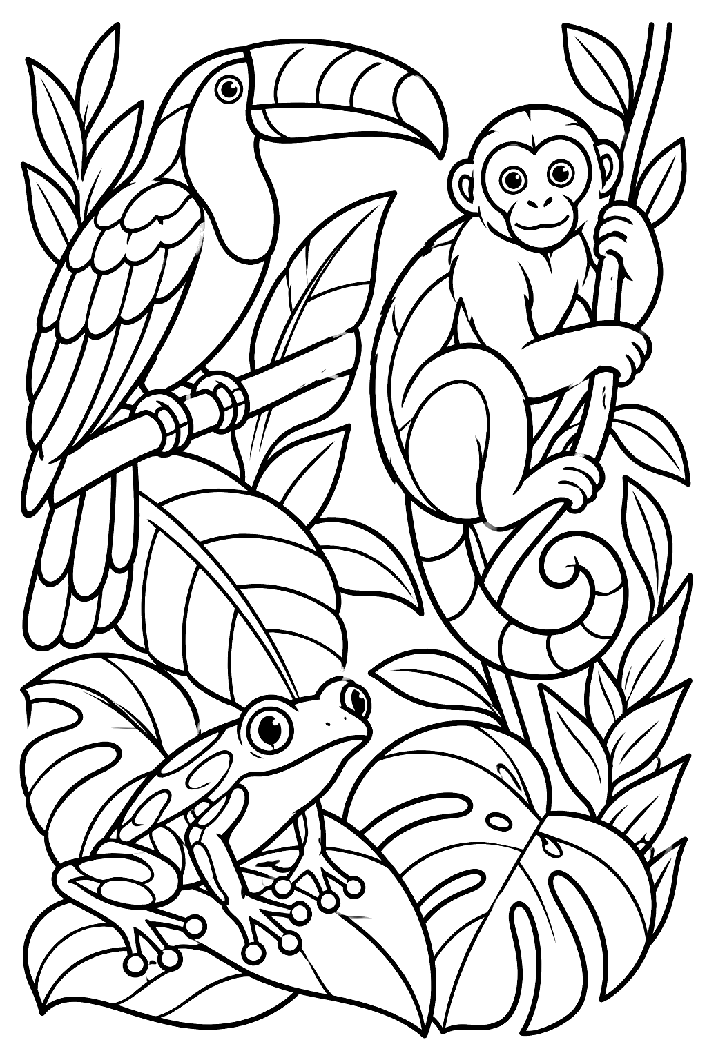 a rainforest scene with a toucan, monkey, frog and big leaves coloring page