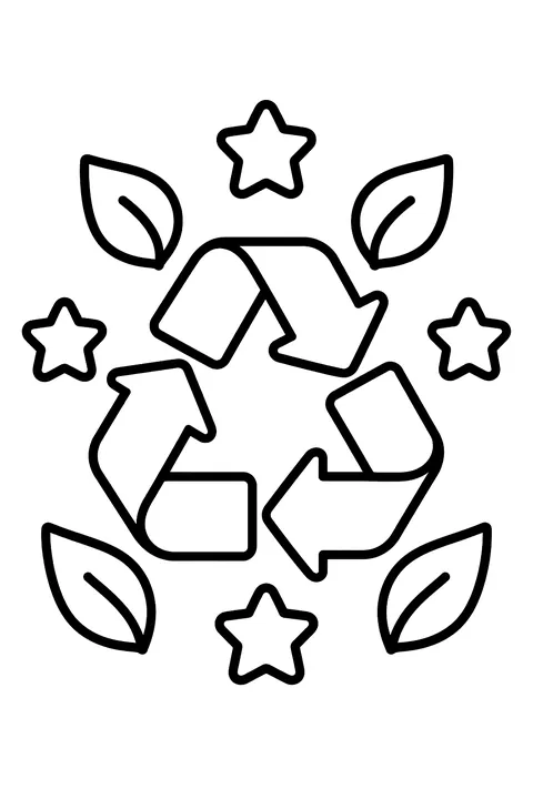 the recycling arrows symbol with leaves and stars coloring page