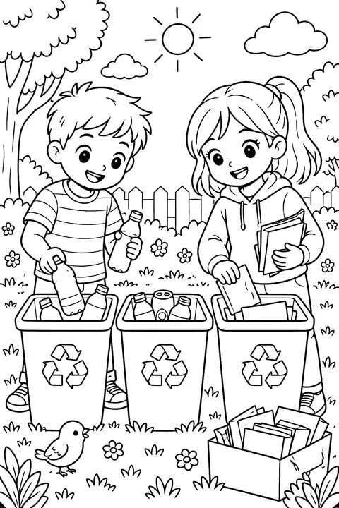 kids sorting bottles and paper into recycling bins coloring page