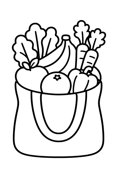 a cloth shopping bag full of fruits and vegetables coloring page