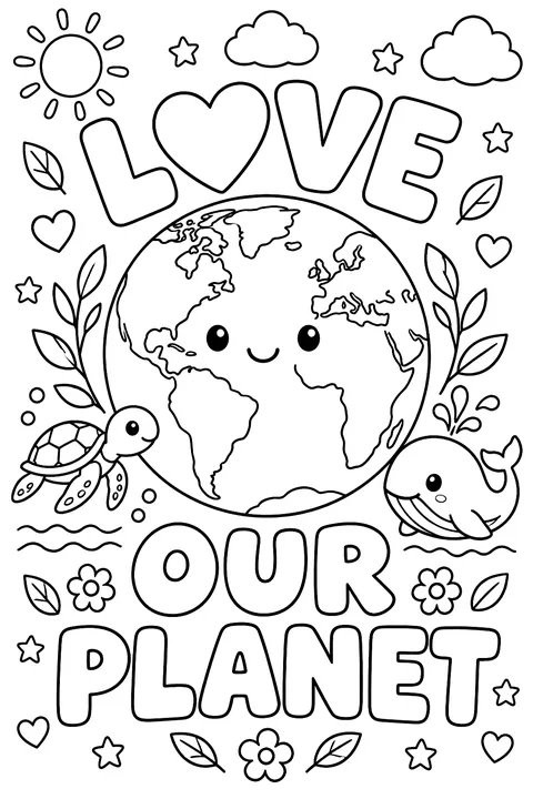 big outline letters spelling LOVE OUR PLANET around the Earth coloring page