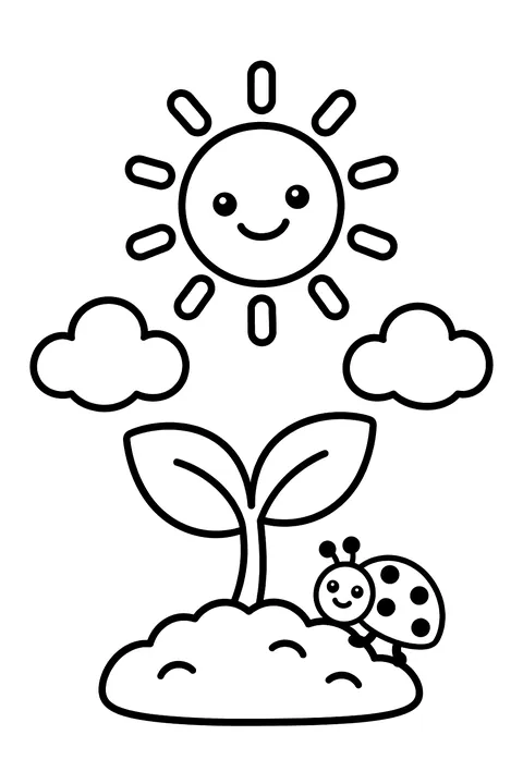 a little sprout with two leaves growing from a mound of soil, a smiling sun, two clouds and a ladybug coloring page