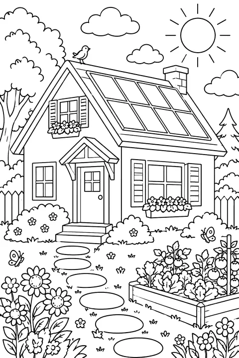 a house with solar panels and a garden coloring page