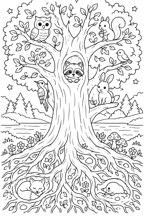 a huge tree with roots and animals living in it coloring page