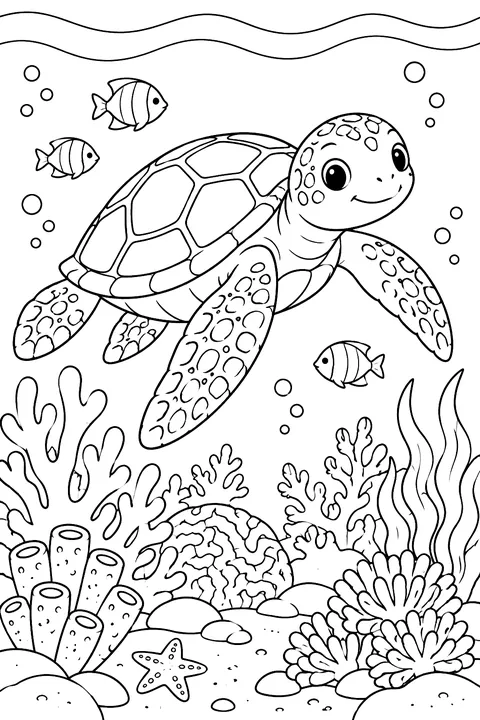 a sea turtle swimming over a clean coral reef coloring page