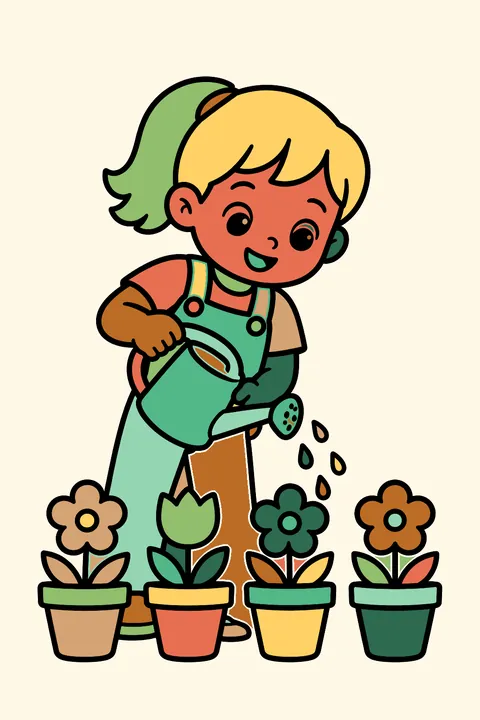 a child watering a row of flower pots coloring page