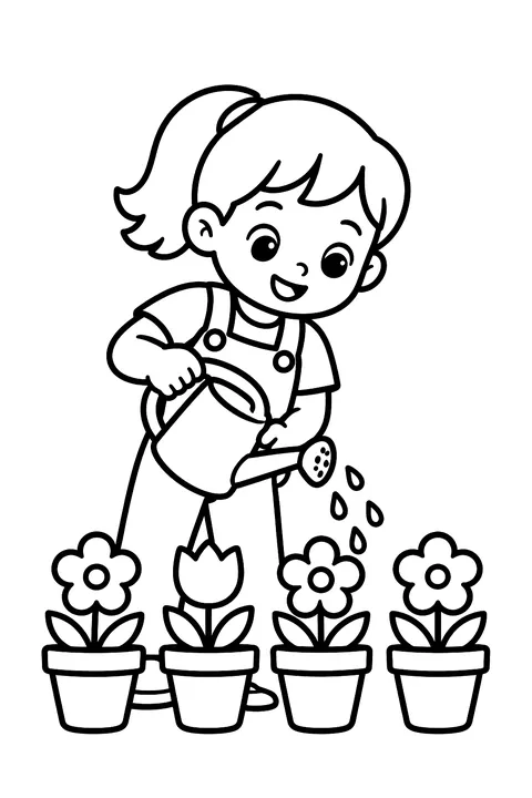 a child watering a row of flower pots coloring page