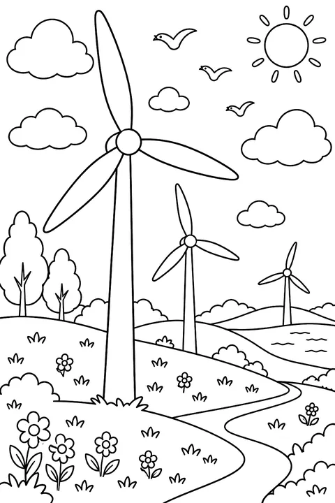 wind turbines on green hills with clouds and birds coloring page