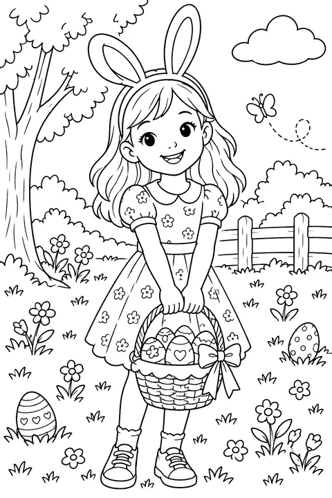 a smiling child wearing bunny ears and holding an Easter basket in a park coloring page