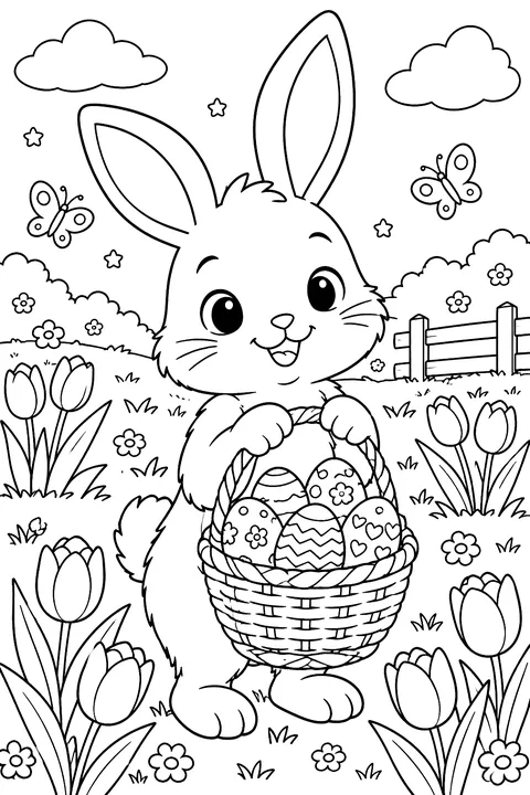 a cute bunny holding a wicker basket full of decorated Easter eggs in a meadow with tulips coloring page