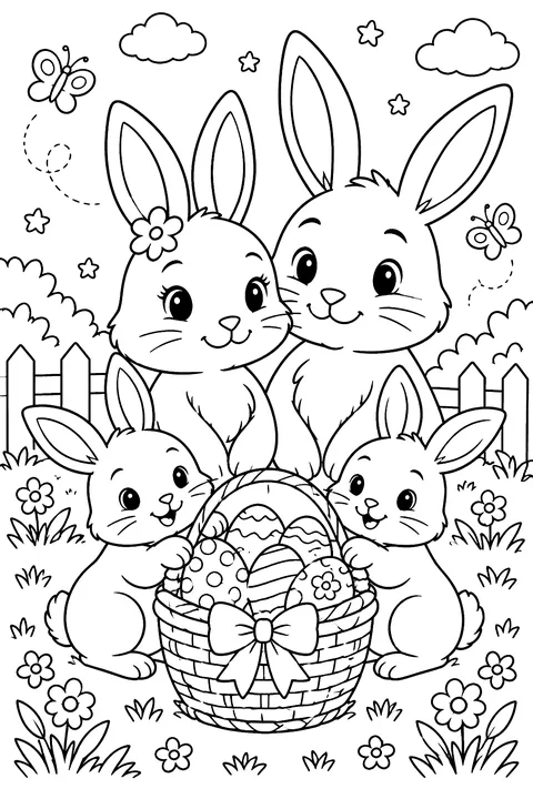 a bunny family of mom, dad and two babies sitting together with a basket of eggs coloring page