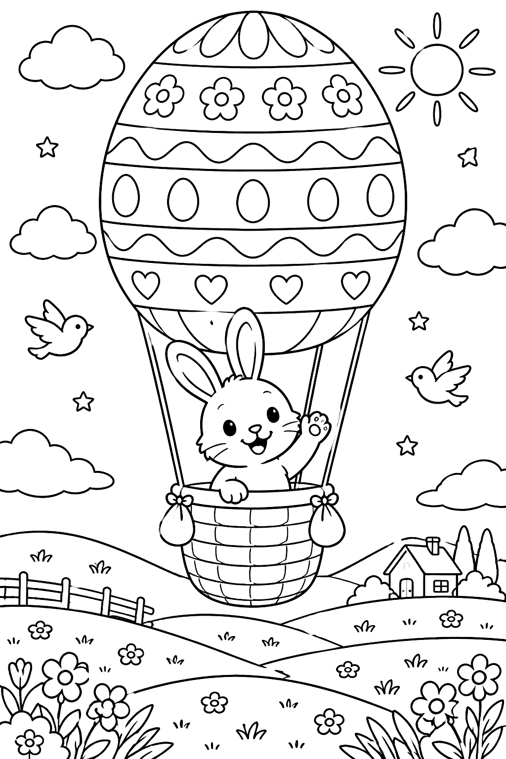 a bunny waving from a hot air balloon decorated like an Easter egg, flying over hills coloring page