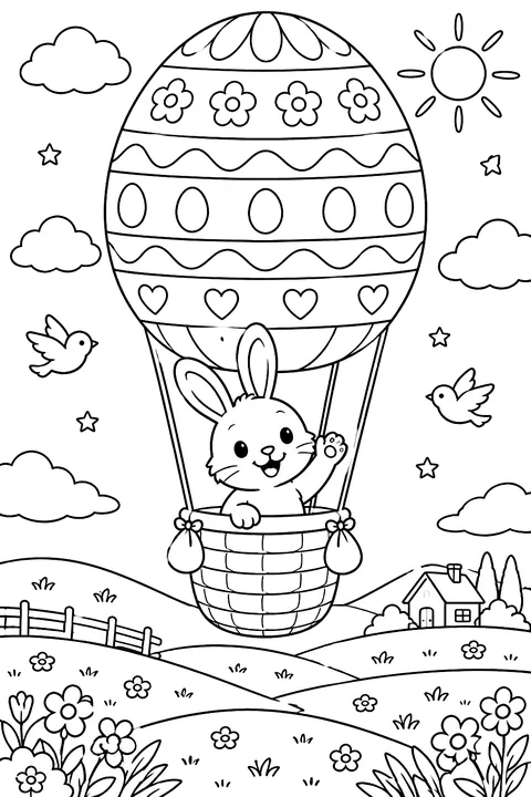 a bunny waving from a hot air balloon decorated like an Easter egg, flying over hills coloring page
