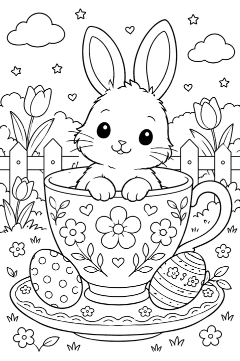 a tiny bunny sitting in a teacup decorated with flowers, with eggs on the saucer coloring page