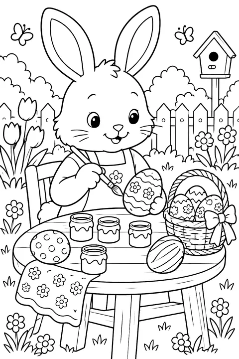 a bunny with a paintbrush painting patterns on Easter eggs at a little table with paint pots coloring page
