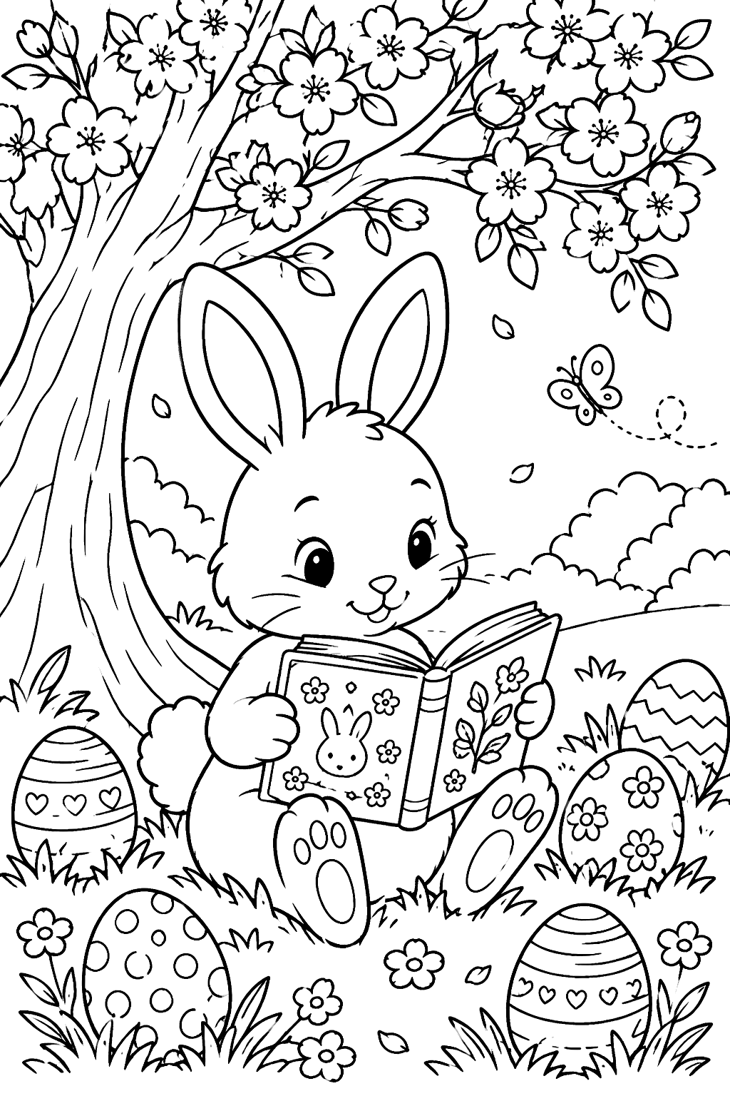 a bunny reading a storybook under a blossom tree with eggs around coloring page