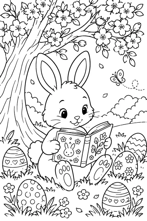 a bunny reading a storybook under a blossom tree with eggs around coloring page