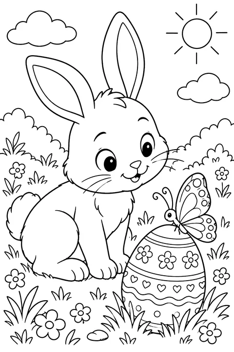 a bunny watching a butterfly land on a decorated egg in the grass coloring page