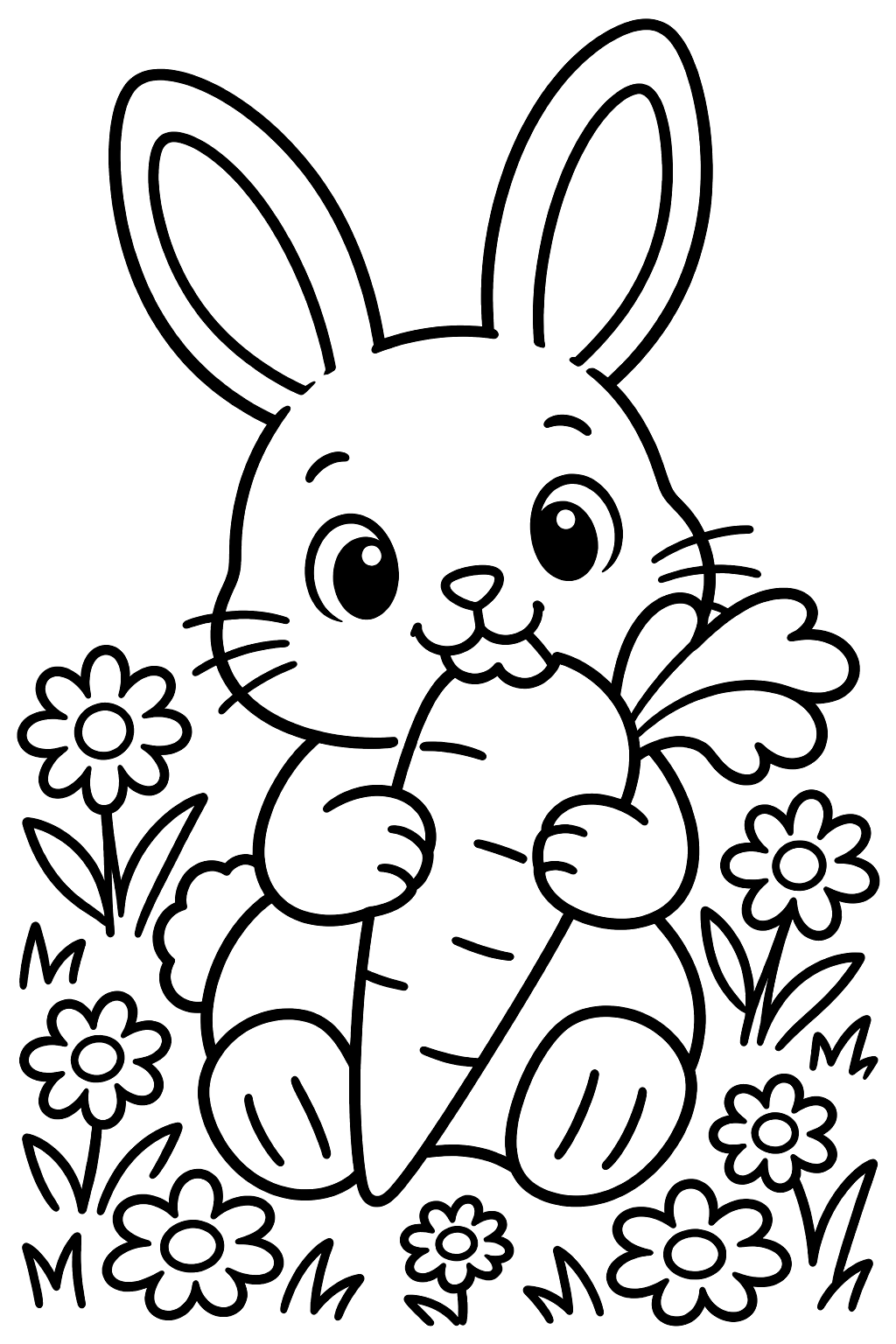 a cute bunny munching a big carrot in a field of daisies coloring page