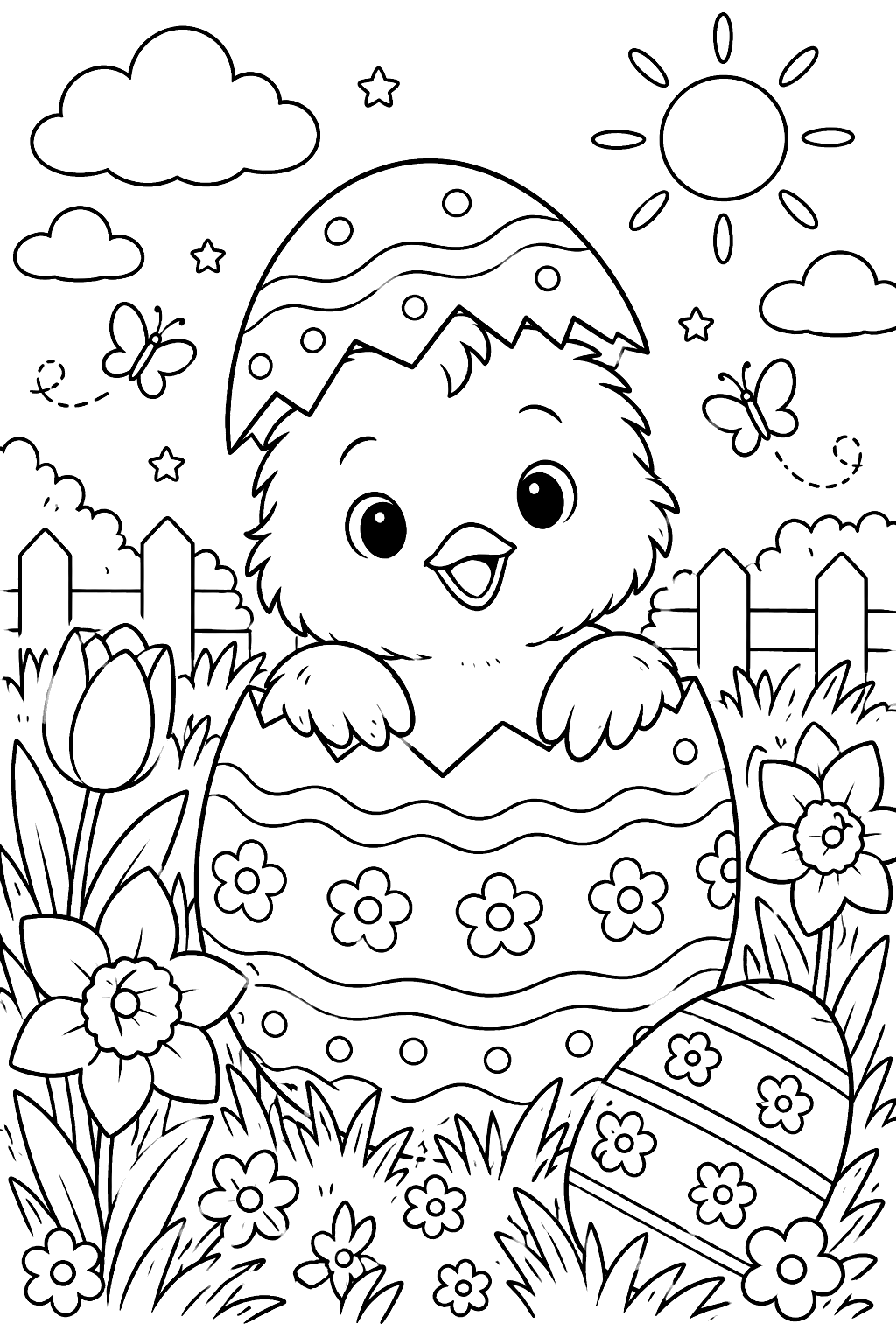 a fluffy baby chick peeking out of a cracked decorated egg among spring flowers coloring page