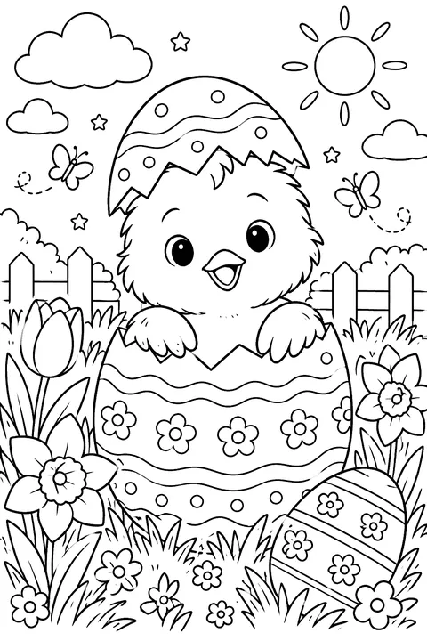 a fluffy baby chick peeking out of a cracked decorated egg among spring flowers coloring page