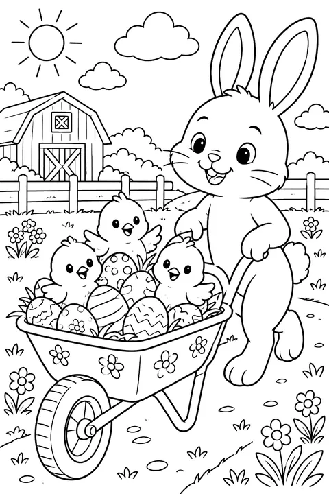 three chicks riding in a wheelbarrow full of eggs pushed by a bunny coloring page