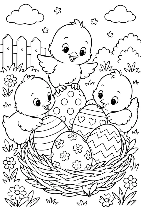 three baby chicks playing around a pile of decorated eggs in a nest coloring page