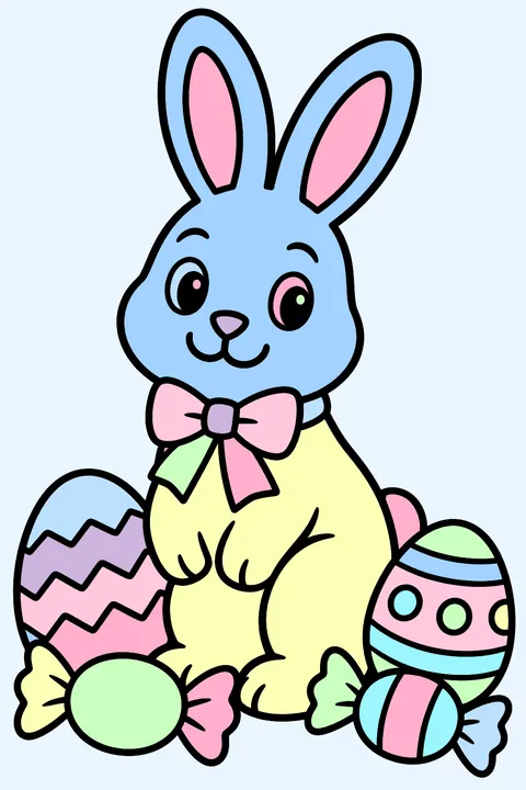 a big chocolate bunny standing next to wrapped candies and eggs coloring page