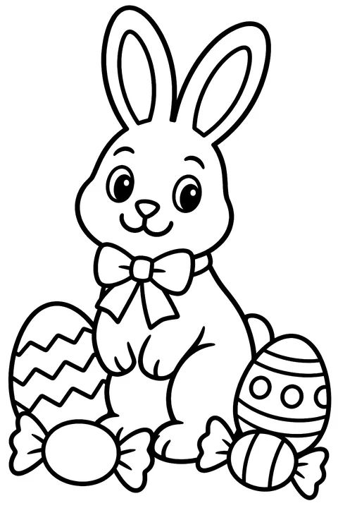 a big chocolate bunny standing next to wrapped candies and eggs coloring page